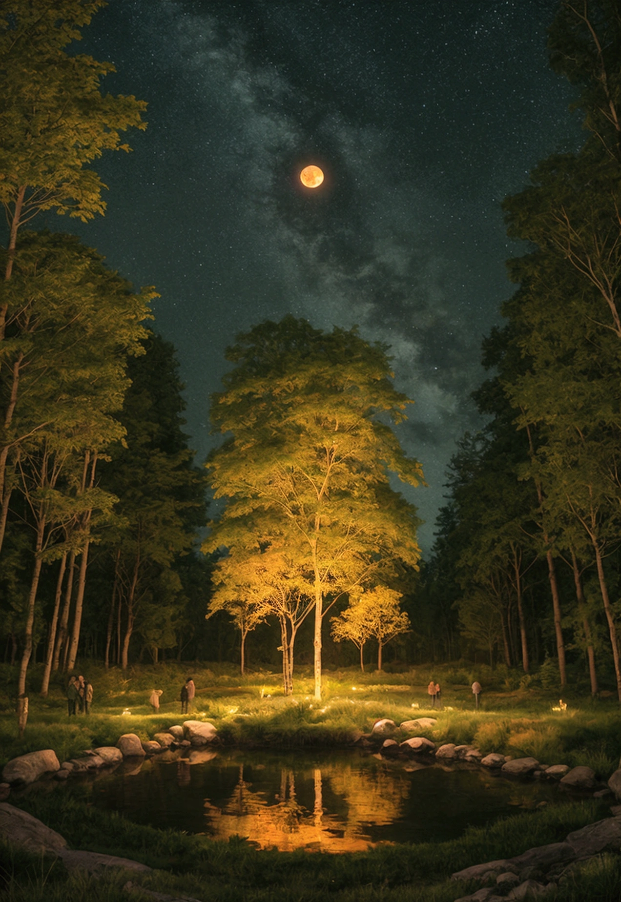 Colorful trees in the darkness of the night, With a glowing sphere style, concept art, Joel Robison, flowing form, uhd image, colorful watercolor, Dark emerald and light amber