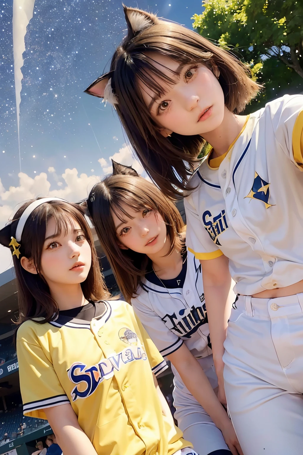 Three Girls, Long Hair, High resolution, Blushing, Open your mouth, (Cat ears:1.3), Pink eyes, (Baseball uniform:1.3), (Yellow helmet:1.3),(Playing Baseball:1.5),
(Starry Sky:1.6),Masterpiece, (From below:1.4)