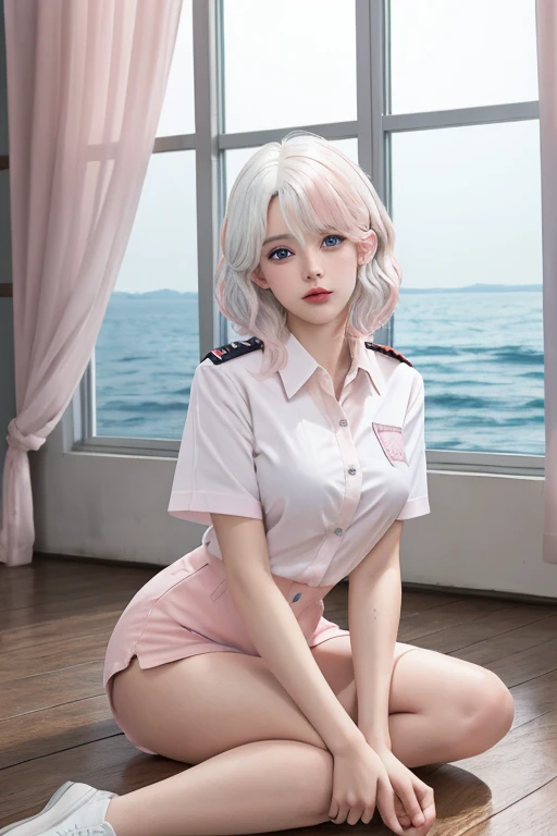 (masterpiece), (high quality), (8K resolution), (RAW photos), (best quality), (masterpiece:1.5), (Practical:1.5), ((photo Practical)), Vivid details, hyper Practical,1 Girl, (Lovely:1.2), beautiful, high quality、Delicate face, Perfect face, (White hair and light pink hair:1.4), Red face, Delicate eyes, (blue eyes),Colored eyes,(Big watery eyes),National Foundation,, slim body, Looking at the audience, Shut up, Real human skin, Glowing skin, Medium Breast, ((Uniforms)), sit, floor,