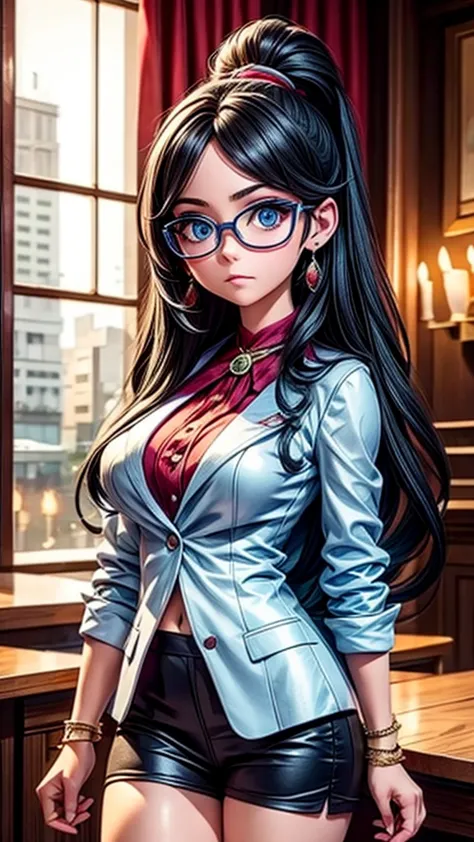 young female lawyer、formal suit、glasses、courtroom scene、intimidating a witness