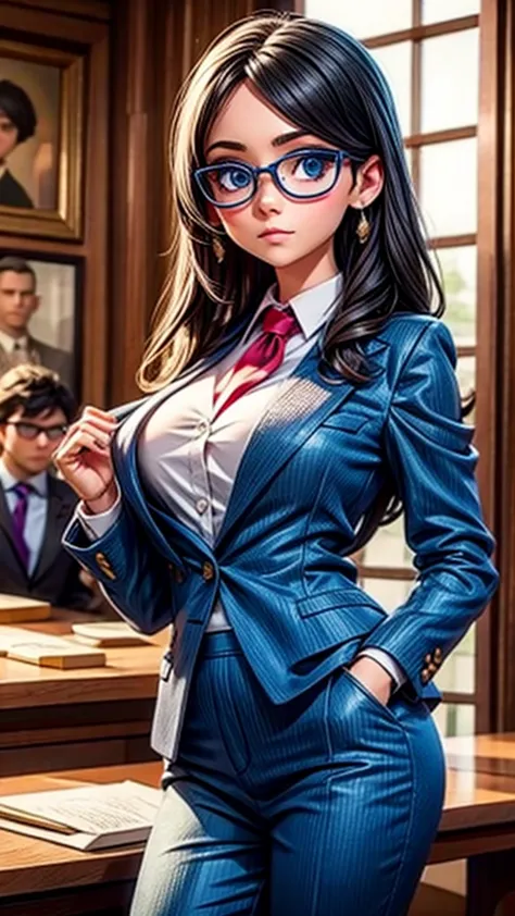 young female lawyer、formal suit、glasses、holding document evidence、courtroom scene、intimidating a witness