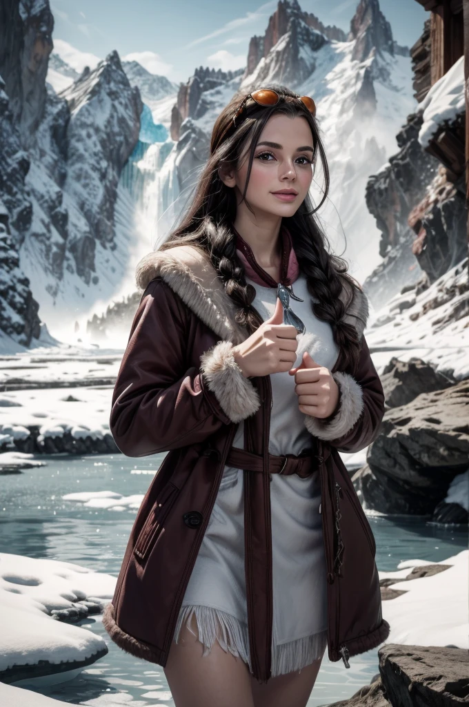 masterpiece, best quality, extremely detailed, hyperrealistic:1.1, photorealistic, a beautiful 20s russian model, ultra detailed face:1.1, sunglasses on head:1.1, pink duffle coat, pink fur, black hair, frozen island, giant snow moutain, frozen waterfall, icicles, covered with ice, everything is made out of ice, ominous atmosphere, seductive smile, thumbs up
