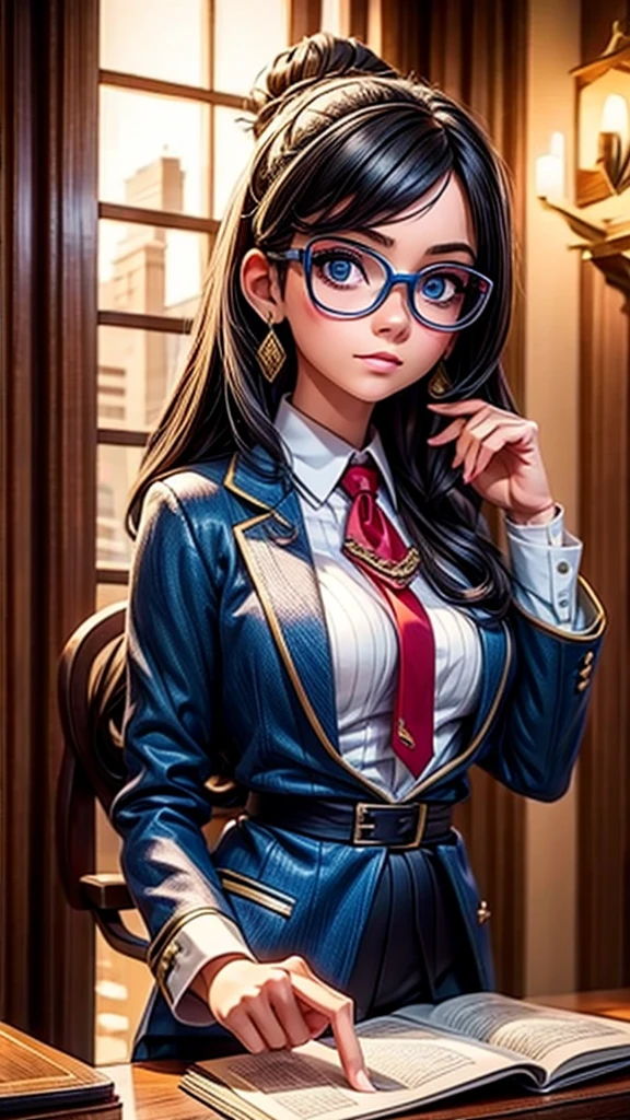 a young female lawyer in formal suit, wearing glasses, holding evidence files and pointing at a witness, courtroom scene, intimidating the witness, detailed face, intricate patterns on suit, dramatic lighting, cinematic composition, photorealistic, 8k, highly detailed, masterpiece