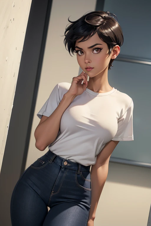 ((ultra quality)), ((masterpiece)), Lois Lane, ((black short hair tomboy hairstyle)), (Beautiful face), (beautiful female lips), (), charming, ((Happy facial expression)), looks at the camera, eyes slightly open, ( dark skin color), (dark skin), glare on the body, ((detailed beautiful female eyes)), ((dark brown eyes)), (juicy female lips), (dark eyeliner), (beautiful female hands), ((ideal female figure)), female body, beautiful waist, gorgeous thighs, beautiful medium breasts, ((subtle and beautiful)), sexy worth (), (White shirt, Black jeans) background: office, ((depth of field)), ((high quality clear image)), (clear details), ((high detail)), realistically, professional photo session, ((Clear Focus)), anime