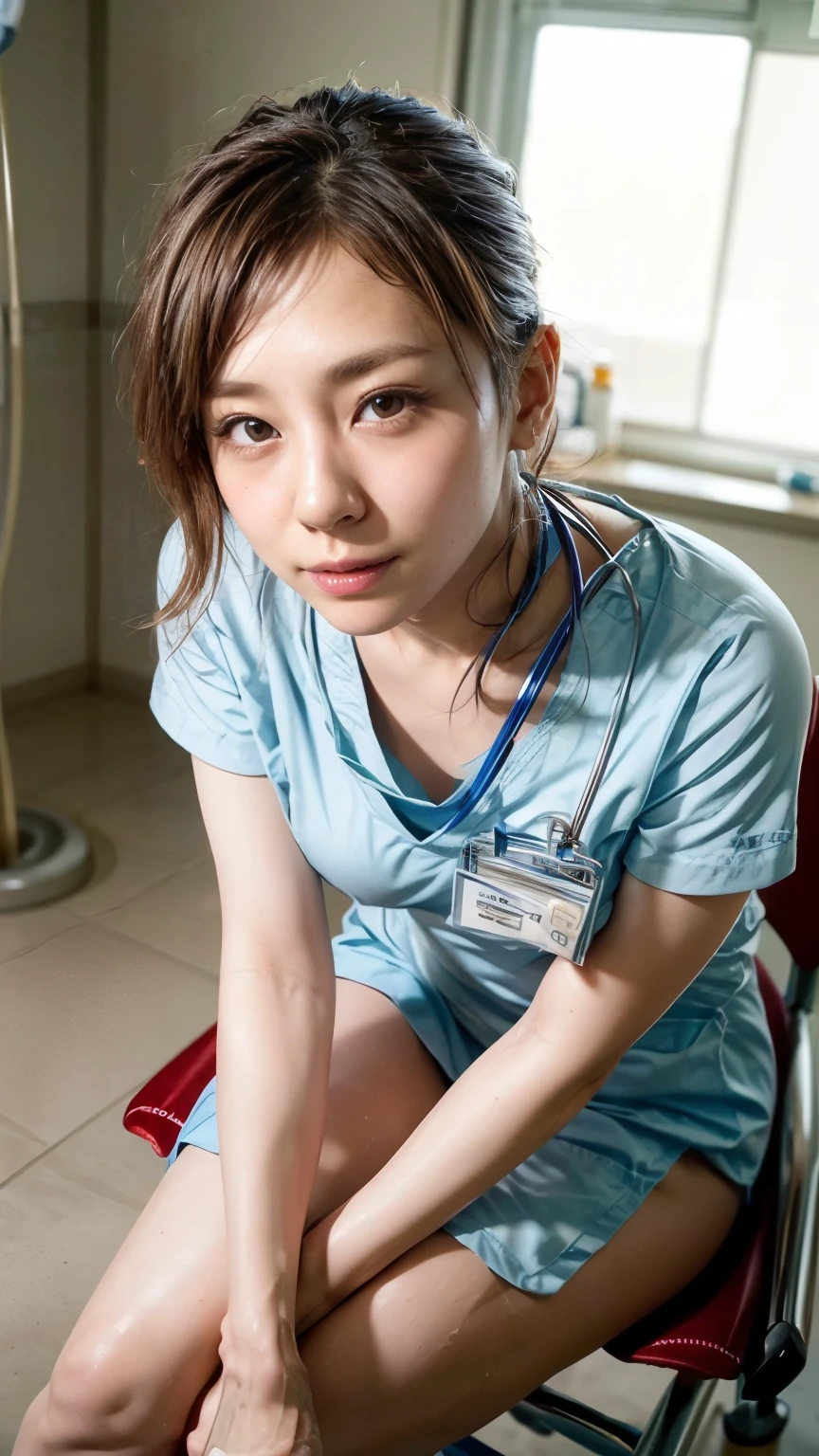 Krankenhausの中で前かがみにななって患者を覗き込むKrankenschwesterのFrau、(realistisch、Wie ein Foto、Live-Action、realistisch, RAW-Fotos, beste Bildqualität: 1.4), Spiegelreflexkamera、RAW-Fotos, höchste Qualität, realistisch, Sehr detailiertなCGユニティ8K壁紙, Geschriebene Grenztiefe, filmisches Licht, Linsenreflexion, Raytracing, realistisch background、Krankenhaus:1.4、(Krankenschwester:1.4、(Medizinisches Peeling:1.5)、Brustblitzer、Der BH flimmert)、((Haut mit ultrahoher Dichte))、 Frau,Süße japanische Krankenschwester、((nach vorne lehnen、auf einem Stuhl sitzen、((ganzer Körper:1.5))、Inspektion:1.1、Ernster Ausdruck))、Kurzes Haar:1.2、binden Sie Ihre Haare mit einer Haarspange、Ich mag diesen Stil、stilvoll、Sehr detailiert、Achten Sie auf die Details、Perfektes Outfit、(weiße Haut)、Vorderansicht、Anatomisch korrekter Körper、Präzise Fingertechnik、Präziser Arm、Präzise Füße、super detailliertes Gesicht