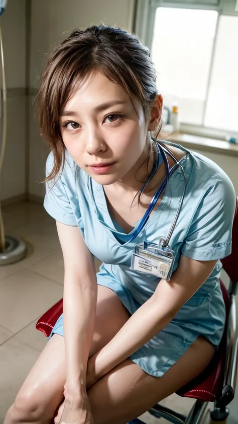 hospitalの中で前かがみにななって患者を覗き込むnurseのwoman、(Realistic、Like a photograph、Live Action、Realistic, RAW Photos, Best image quality: 1.4),...