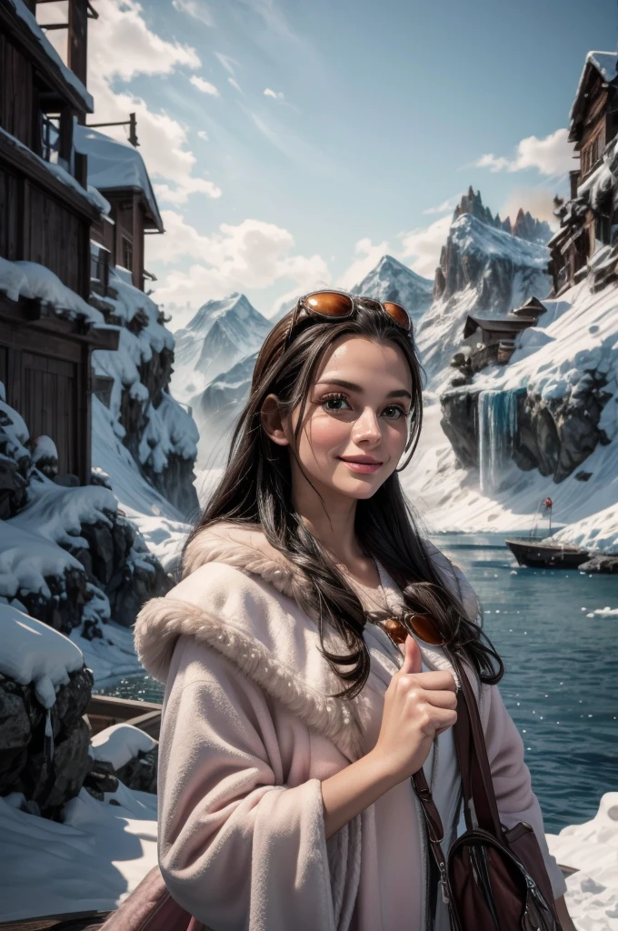 masterpiece, best quality, extremely detailed, hyperrealistic:1.1, photorealistic, a beautiful 20s russian model, ultra detailed face:1.1, sunglasses on head:1.1, pink duffle coat, pink fur, black hair, frozen island, giant snow moutain, frozen waterfall, icicles, covered with ice, everything is made out of ice, ominous atmosphere, seductive smile, thumbs up
