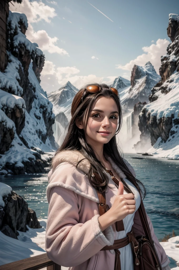 masterpiece, best quality, extremely detailed, hyperrealistic:1.1, photorealistic, a beautiful 20s russian model, ultra detailed face:1.1, sunglasses on head:1.1, pink duffle coat, pink fur, black hair, frozen island, giant snow moutain, frozen waterfall, icicles, covered with ice, everything is made out of ice, ominous atmosphere, seductive smile, thumbs up
