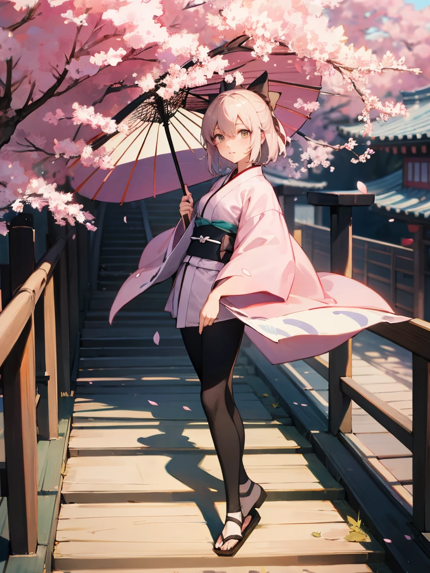 {Extremely detailed 8K wallpaper}, {masterpiece}, {Best Quality}，Alone，full body shot，Okita Souji，short hair, kimono，Haori Cerezo, cherry tree, sensual, leggings