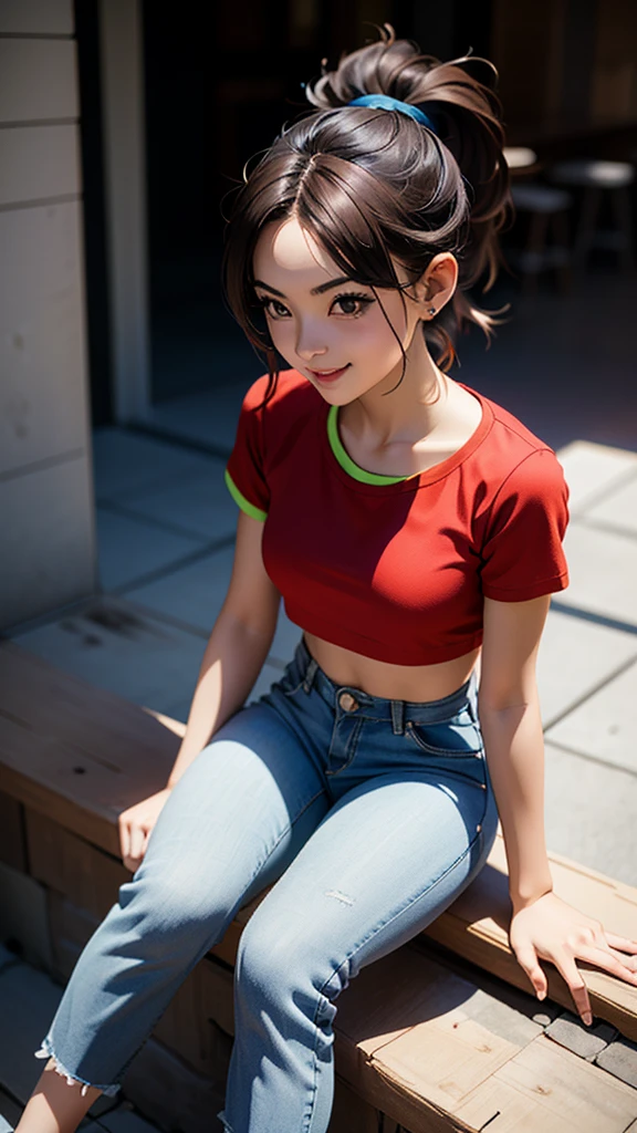 Pan, 1girl, solo, smile, red shirt, jeans, single ponytail, dark brown Hair, sitting,, (acclaimed, alluring, captivating, exciting, gorgeous, striking:1.3), (trending on CGSociety, trending on pixiv, contest winner:1.3)