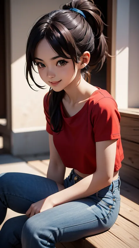 pan, 1girl, solo, smile, red shirt, jeans, single ponytail, dark brown hair, sitting,, (acclaimed, alluring, captivating, exciti...