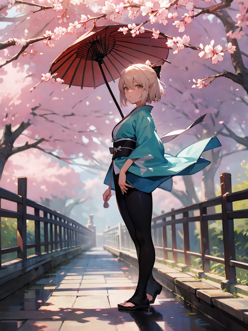 {Extremely detailed 8K wallpaper}, {masterpiece}, {Best Quality}，Alone，full body shot，Okita Souji，short hair, kimono，Haori Cerezo, cherry tree, sensual, leggings