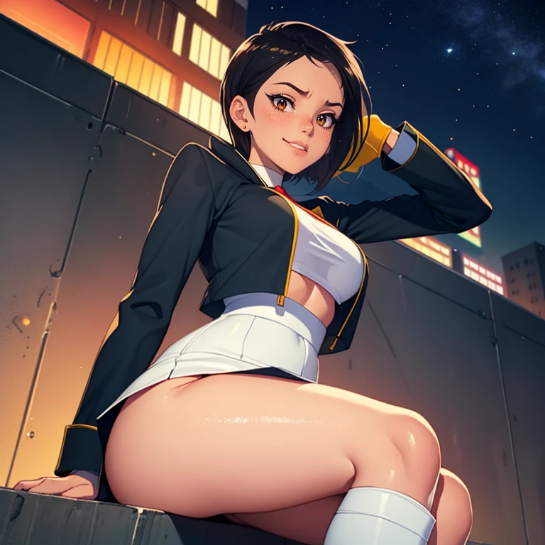 
1girl ,lois lane, tan ,short hair ,brown eyes, black hair, ,earrings, glossy lips ,team rocket uniform, red letter R, white skirt,white crop top,black thigh-high boots, black elbow gloves, evil smile, sitting down ,legs crossed, night sky background