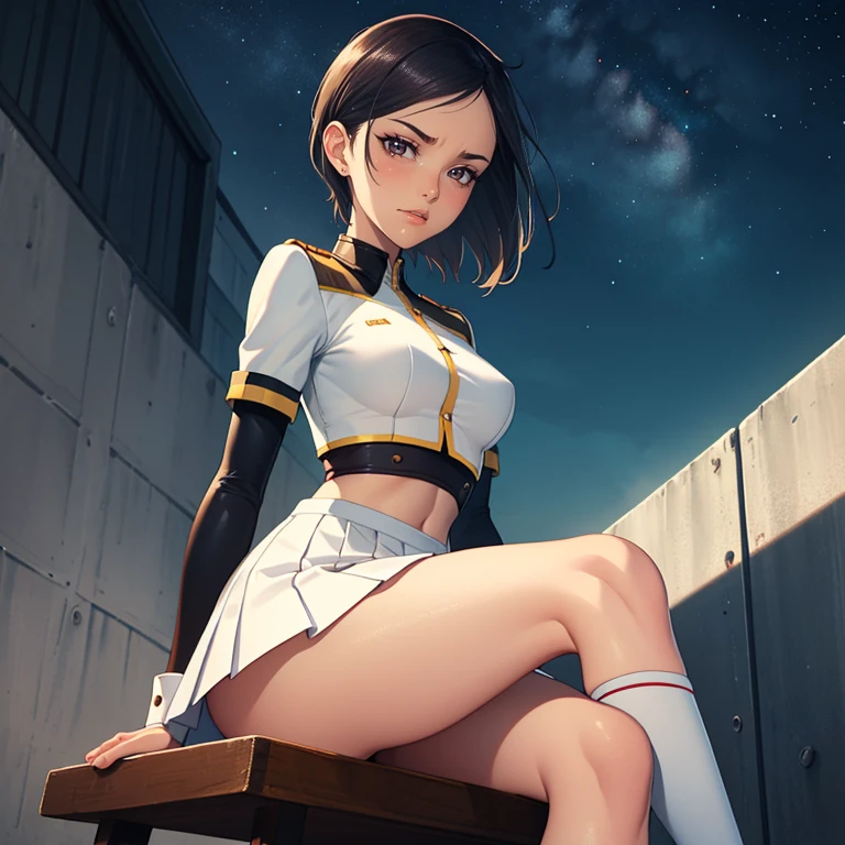 
1girl ,lois lane, tan ,short hair ,brown eyes, black hair, ,earrings, glossy lips ,team rocket uniform, red letter R, white skirt,white crop top,black thigh-high boots, black elbow gloves, evil smile, sitting down ,legs crossed, night sky background