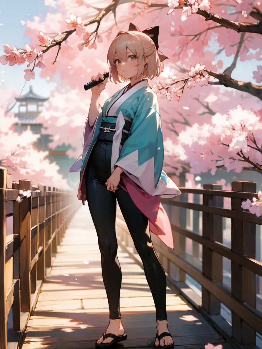 {Extremely detailed 8K wallpaper}, {masterpiece}, {Best Quality}，Alone，full body shot，Okita Souji，short hair, kimono，Haori Cerezo, cherry tree, sensual, leggings