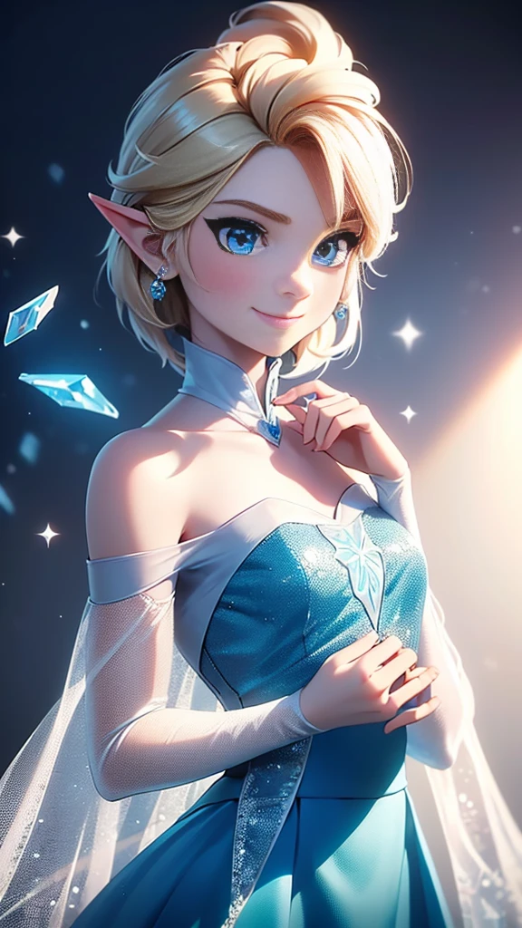 ((Trabalho de arte)), (melhor qualidade), (detalhado), ((1 homem)),((link)), fazendo cosplay de elsa, ( vestido azul de alta fidelidade, Vestido de cristal, mangas brancas transparentes, Ombros nus), olhando para o espectador,( Cabelo loiro curto, olhos azuis), feliz, sorriso,  