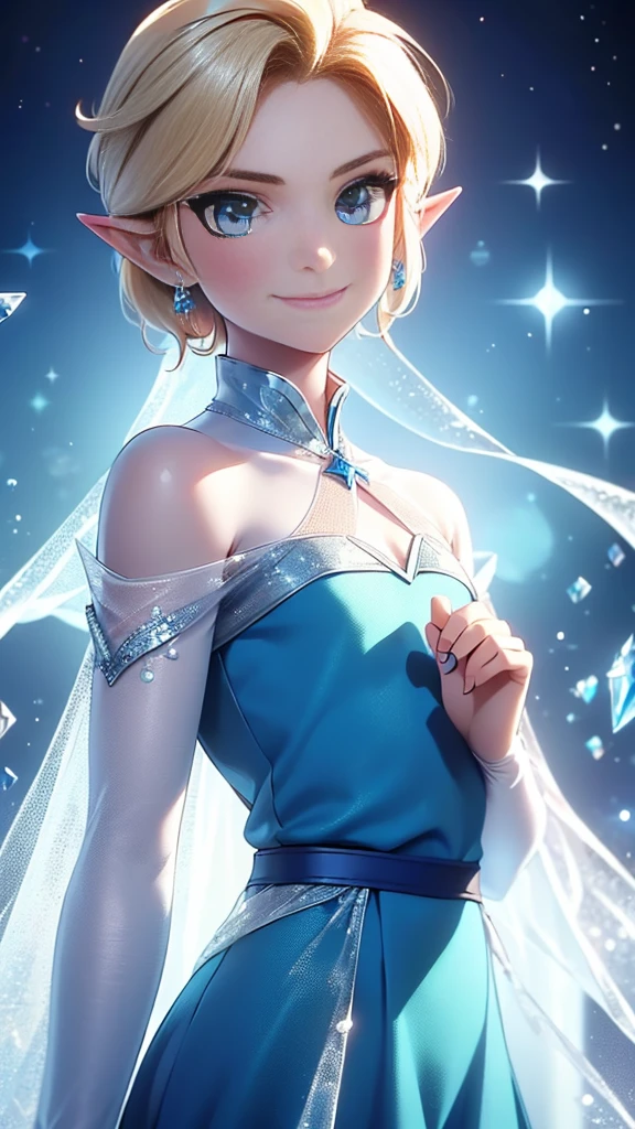 ((work of art)), (best quality), (detailed), ((1 male)),((link)), cosplaying as elsa, ( high fidelity  blue dress, crystal dress, see-through white sleeves, bare shoulders), gazing at viewer,( Short blonde hair, blue eyes), happy, smile,  