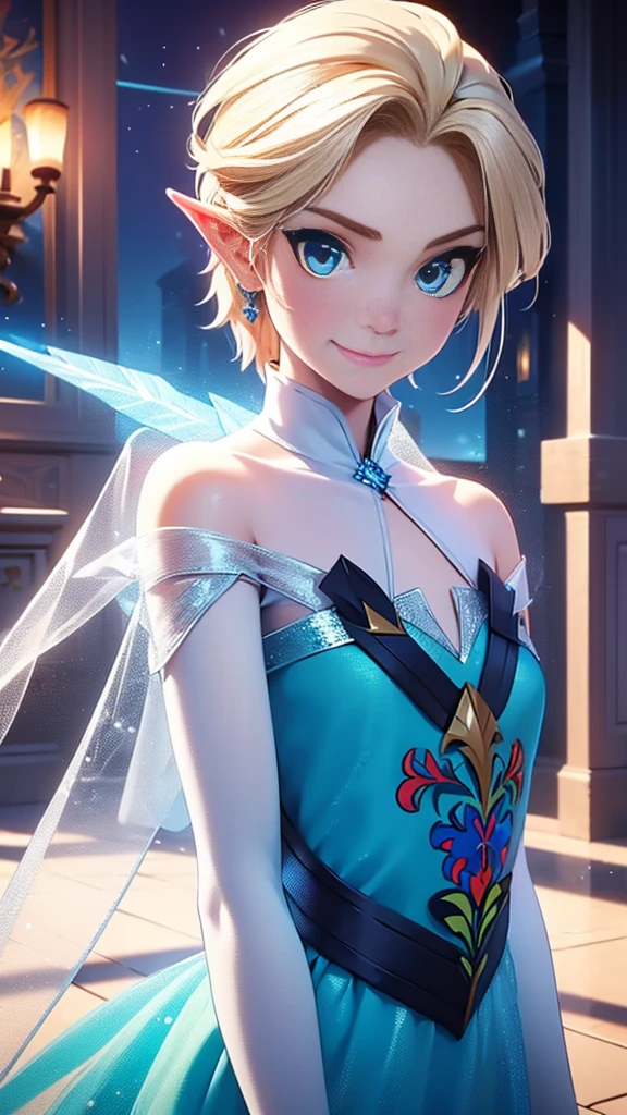 ((work of art)), (best quality), (detailed), ((1 male)),((link)), cosplaying as elsa, ( high fidelity  blue dress, crystal dress, see-through white sleeves, bare shoulders), gazing at viewer,( Short blonde hair, blue eyes), happy, smile,  