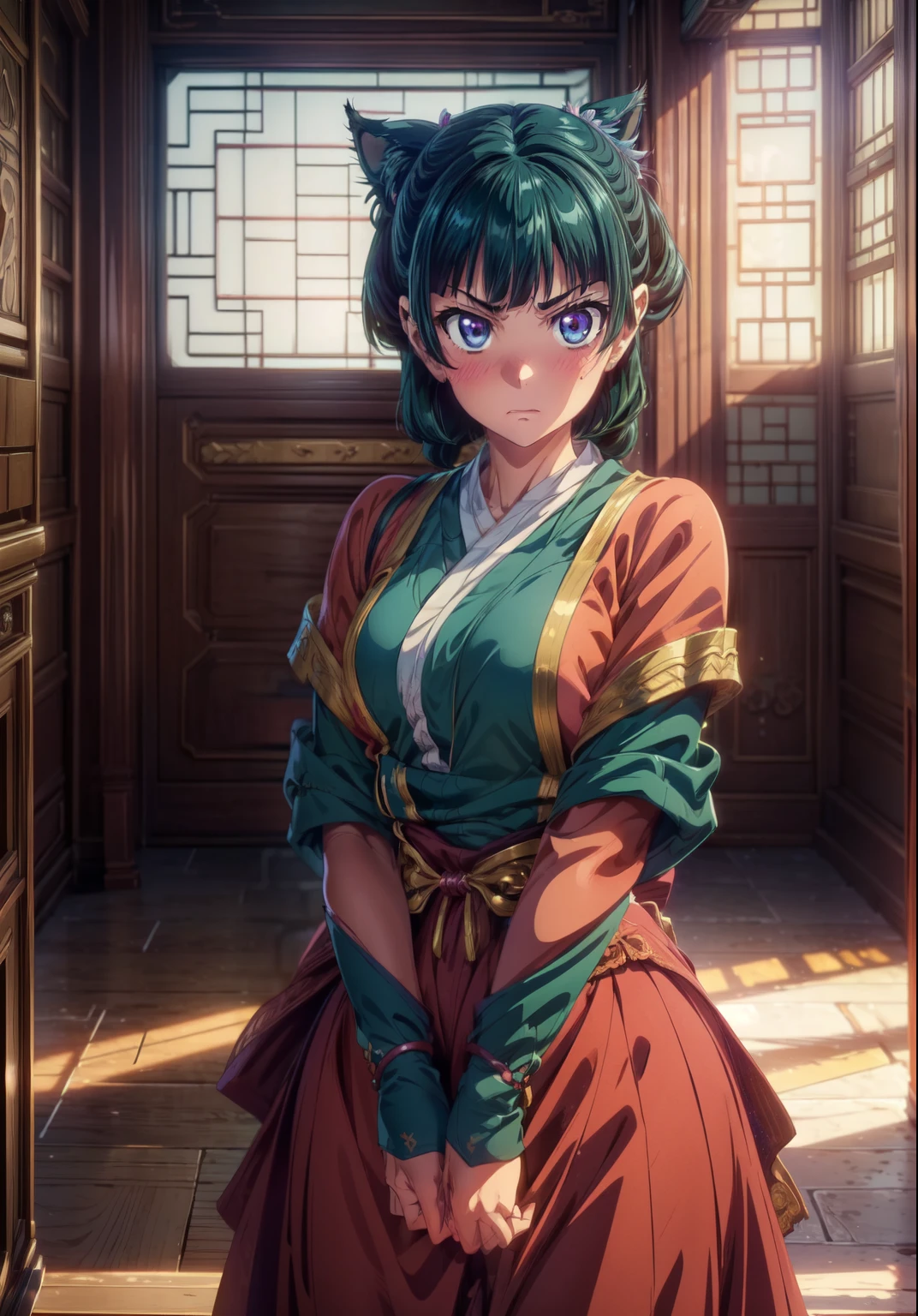 (Masterpiece, High Quality, Top quality, High-Detailed, Detailed CG, Cinematic Shadow, Cinematic Scene, Beautiful Detailed Eyes, Ultra Resolution, Depth of Field, High Resolution, Masterpiece: 1.2), Anime art style, Very detailed, Dynamic Angle, Teen Style, Detailed Green Hair, Cat Ear, Detailed Blue Eyes, Slim Body, Sparkling Eyes, Hair Accessory, Earrings, Slightly Blunt Bangs, Looking at the Audience, (Blush Expression:1.2), (Angry Expression:1.2), (Dark Green Hair), Purple Eye, Five Fingers, Good Composition, Arms, Thighs, Medium Breasts, Medium Size Breasts, Blur Background, Chinese Architectures