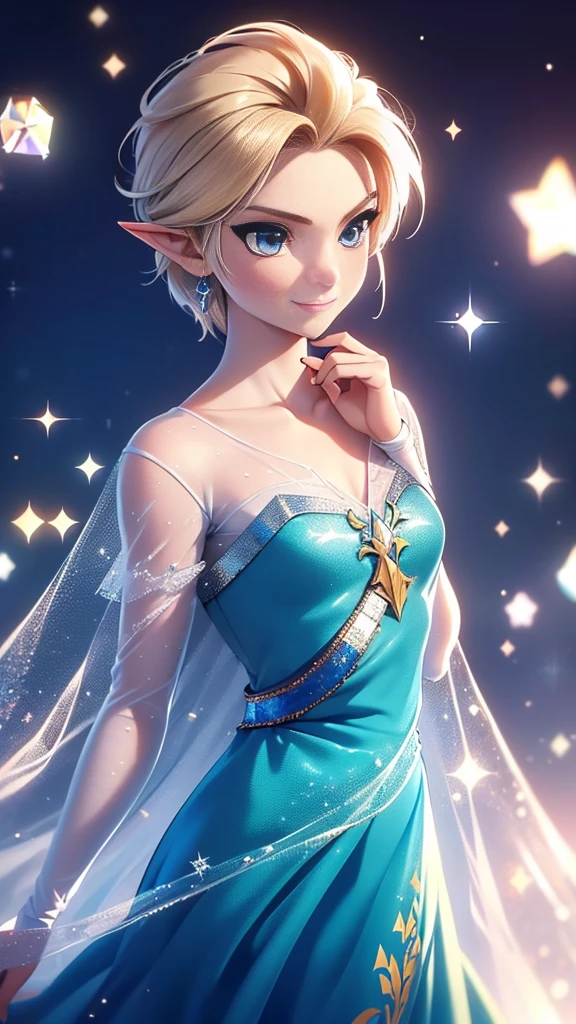 ((work of art)), (best quality), (detailed), ((1 male)),((link)), cosplaying as elsa, ( high fidelity  blue dress, crystal dress, sparkles, see-through white sleeves, collarbone), gazing at viewer,( Short blonde hair, blue eyes), happy, smile,  