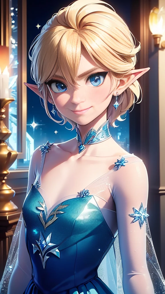 ((work of art)), (best quality), (detailed), ((1 male)),((link)), cosplaying as elsa, ( high fidelity  blue dress, crystal dress, sparkles, see-through white sleeves, collarbone), gazing at viewer,( Short blonde hair, blue eyes), happy, smile,  