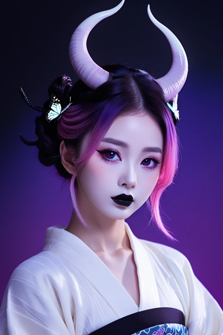 (Highest quality, sketch:1.2),Realistic,Illustrator,anime,1 Girl, Detailed lips,sweater,custom,Pink gradient background,Neon Hair,Texture Cropping,masterpiece, Style: Retro Classic, Dark Black、Braid、Under the Moon、black and purple hair、Beautiful Book、Blue butterfly hair ornament、Upstyle Hair、Hair is a night ,Scary demon、Black eyes、Horns growing、Japanese demon、Darken the whites of the eyes、wear Kimono、Pure white skin、Black lipstick、Black eyes