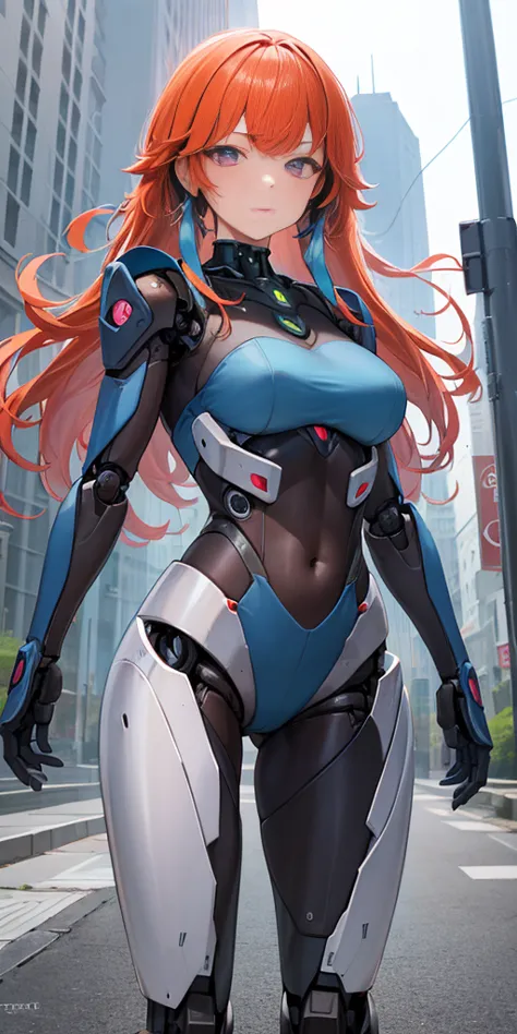 there is a woman in a robot suit posing next to an ancient building, beautiful white girl half cyborg, cute cyborg girl, beautif...