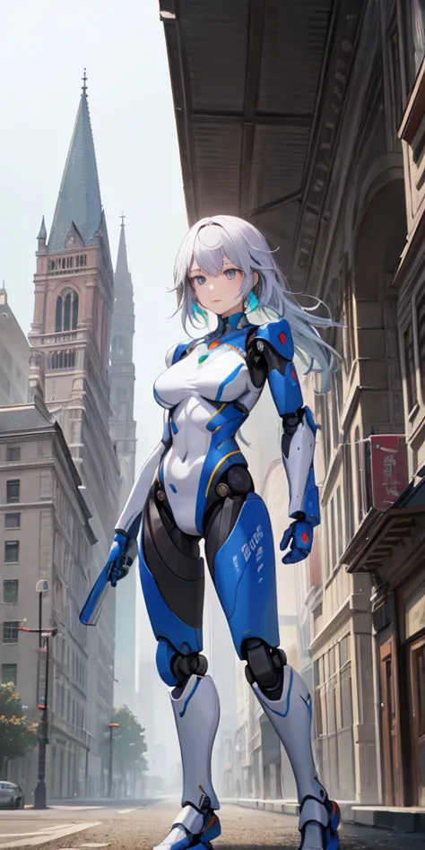 there is a woman in a robot suit posing next to an ancient building, beautiful white girl half cyborg, cute cyborg girl, beautif...