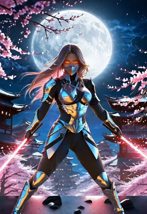 cyber ninja, sakura blossoms, night, full moon, detailed armor, futuristic, intense gaze, dynamic pose, flowing hair, cherry blo...