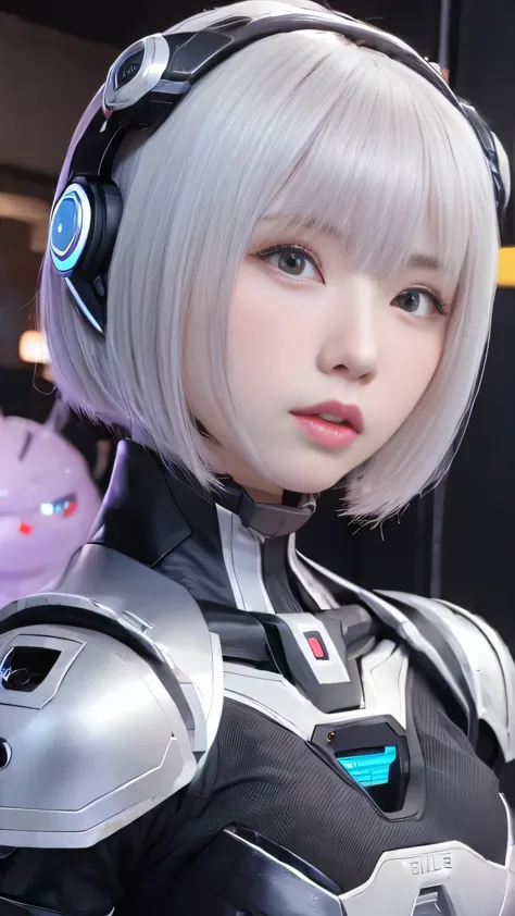 ((((alone:1.6))))、Girl in futuristic white shiny heavy armored robot suit takes photo、perfect android girl, Female cyborg body, ...