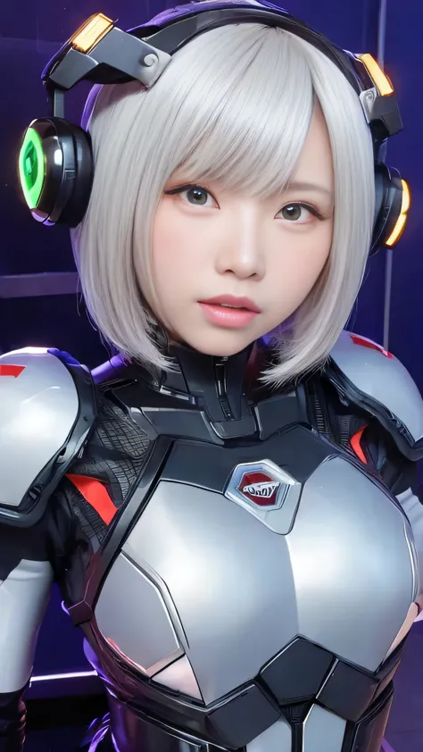 ((((alone:1.6))))、Girl in futuristic white shiny heavy armored robot suit takes photo、perfect android girl, Female cyborg body, ...