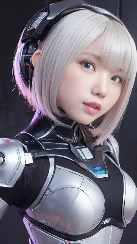 ((((alone:1.6))))、Girl in futuristic white shiny heavy armored robot suit takes photo、perfect android girl, Female cyborg body, ...