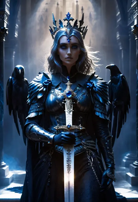 dark queen, intricate black armor, crown with blue jewels, holding a sword, raven on shoulder, ethereal white angel statues, got...