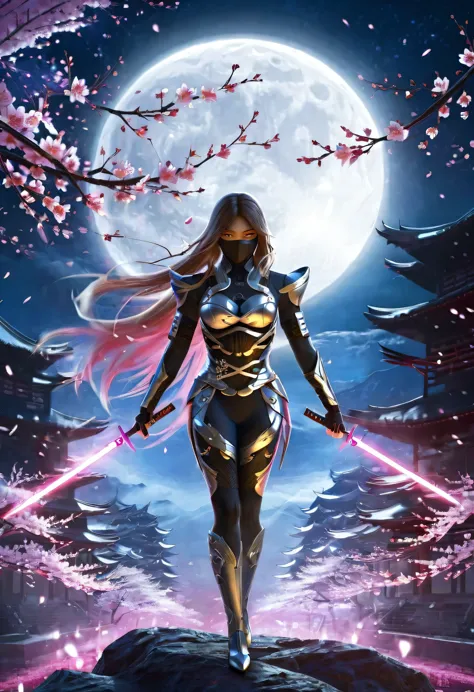 cyber ninja, sakura blossoms, night, full moon, detailed armor, futuristic, intense gaze, dynamic pose, flowing hair, cherry blo...