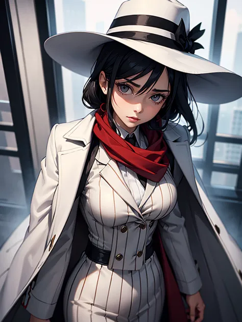 Woman. Black pinstripe overcoat. White suit. Small breast. White hat. Red scarf around the neck 