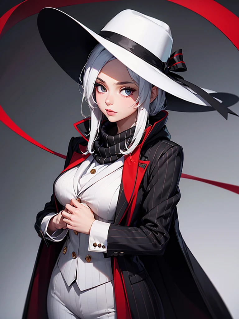 Woman. Black pinstripe overcoat. White suit. Small breast. White hat. Red scarf around the neck 