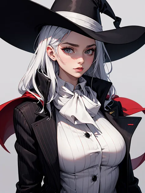 Woman. Black pinstripe overcoat. White suit. Small breast. White hat. Red scarf around the neck 