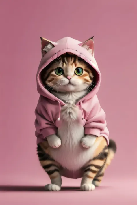 masterpiece,high quality,Cute fat pink kitten,upright、On your stomach,View from the front、Stand on two legs、Clean background,Wearing a pink sweatshirt、Wearing a hood