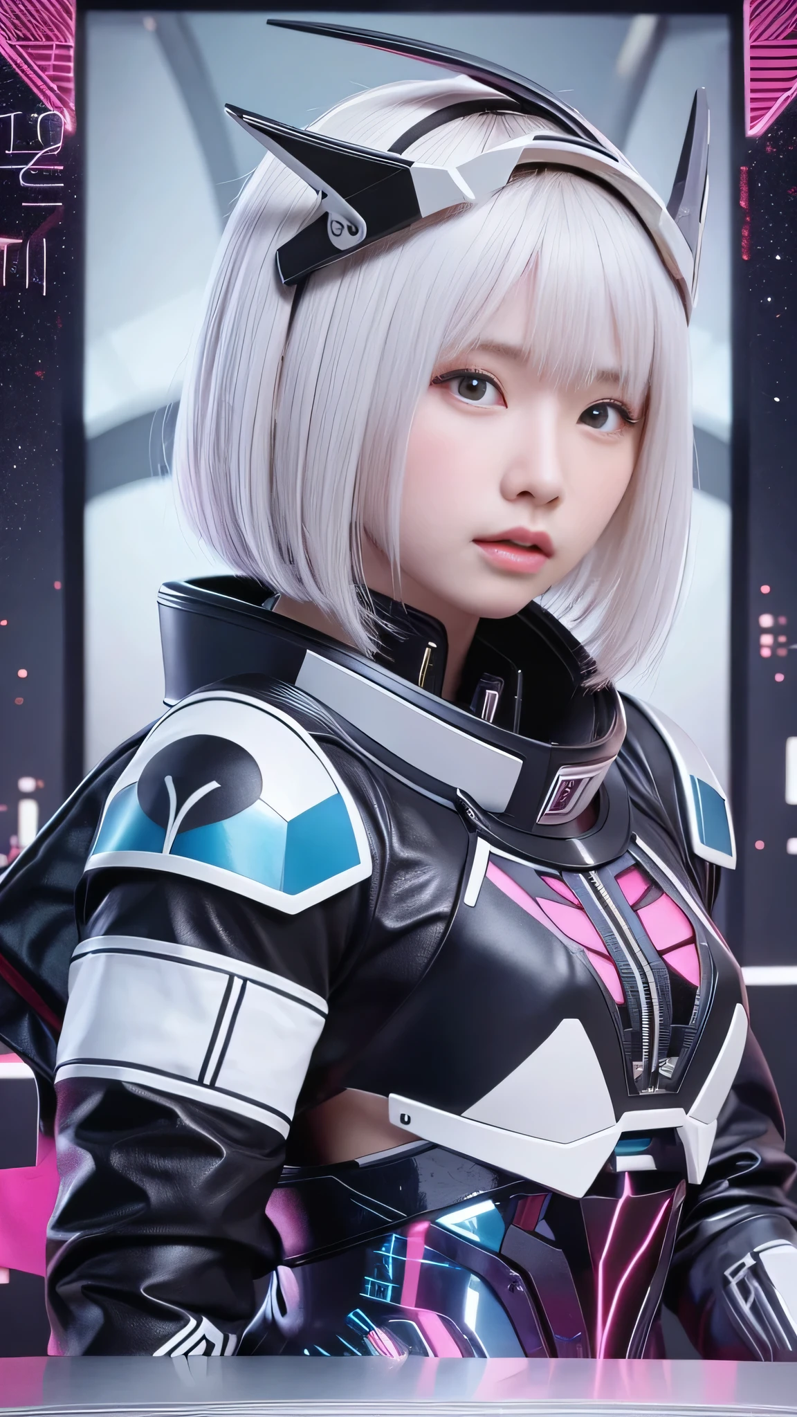 Woman in futuristic costume holding a futuristic helmet and a futuristic sword, Trending on cgstation, Trending on cgstation, Portrait of a girl in the Knights of the Zodiac, Cute Cyborg Girl, Perfect android girl, Portrait Anime Astronaut Girl, Beautiful girl cyborg, Girl wearing mecha cyber armor, Game CG, cgsociety と fenghua zhong, Beautiful Cyborg Shrine Maiden,１One screen、Only one person、Enako、Full Body Shot