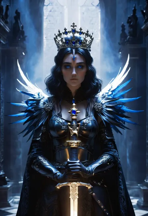 dark queen, intricate black armor, crown with blue jewels, holding a sword, raven on shoulder, ethereal white angel statues, got...