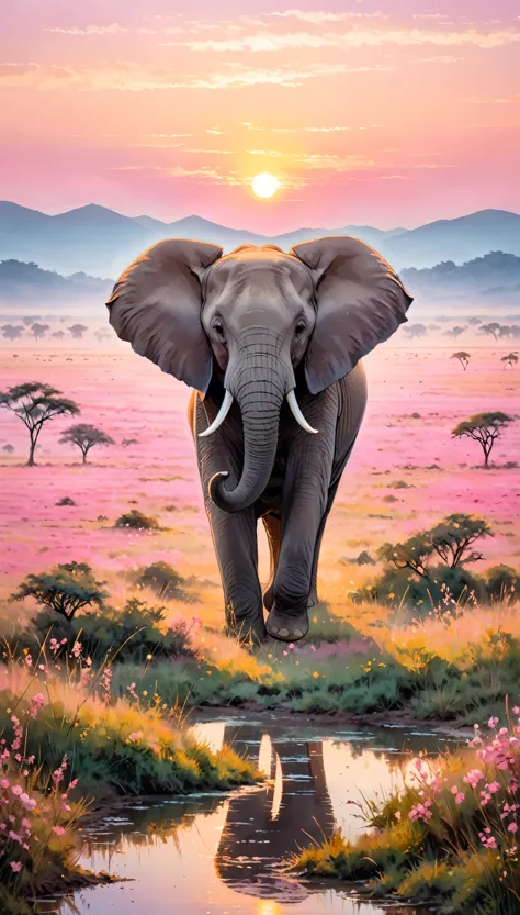 An Elephant], [in a Serene Savannah at Sunset], Illuminated by Soft Light, Ethereal Glow , Dreamlike Atmosphere, Pastel Colors, Symmetrical Composition，pink color