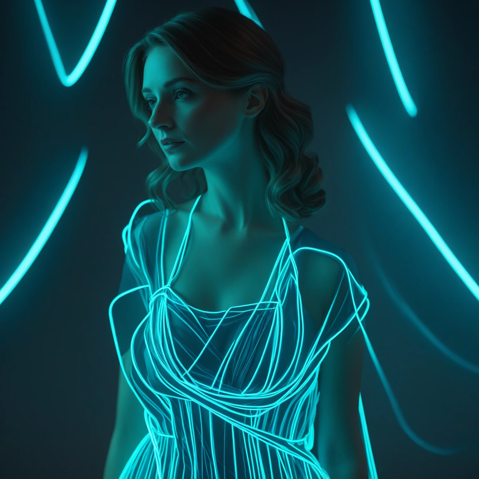 (full body portrait) woman is in a blue dress, in the style of neon and fluorescent light, zbrush, undulating lines, shallow depth of field, 3d, nicolas delort, light silver and turquoise Fujifilm X-T4, Sony FE 85mm f/1. 4 GM  subsurface scattering, Photorealistic, Hyperrealistic, analog style, realistic, film photography, soft lighting, heavy shadow