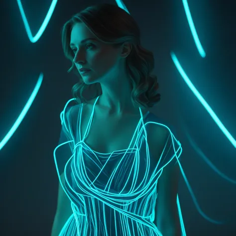 (full body portrait) woman is in a blue dress, in the style of neon and fluorescent light, zbrush, undulating lines, shallow dep...