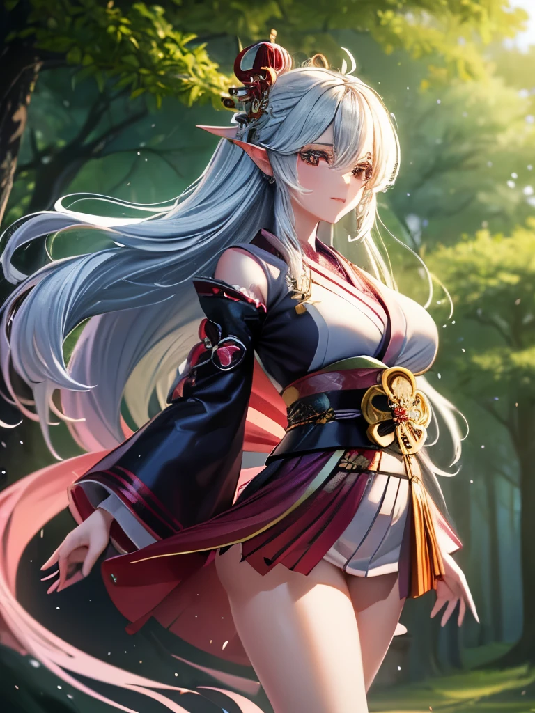 (超精巧なCG Unity 8k wallpaper), (Ultra high definition), (masterpiece), (Highest quality), (Realistic), geisha, kimono, dance, Fairy, Pointy Ears, ((Highest quality)), ((Very detailed)), (((8k wallpaper))), Midsummer Japan Forest  