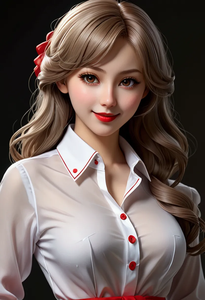 close-up of woman teacher blouse mini dress,plump red lips ,buttons come off due to bust size,a hyperrealistic painting by kenta...