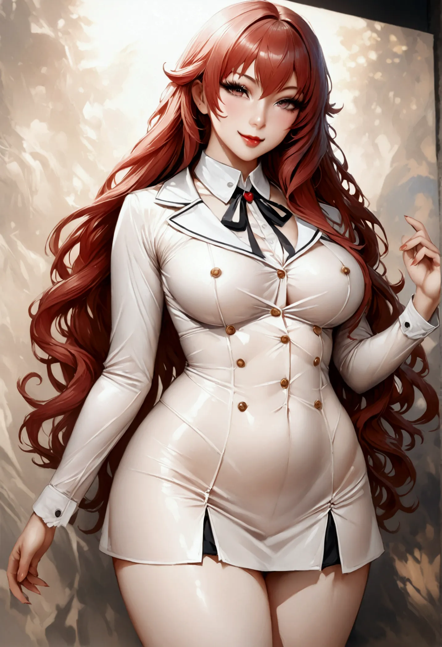 close-up of woman teacher blouse mini dress,plump red lips ,buttons come off due to bust size,a hyperrealistic painting by kenta...