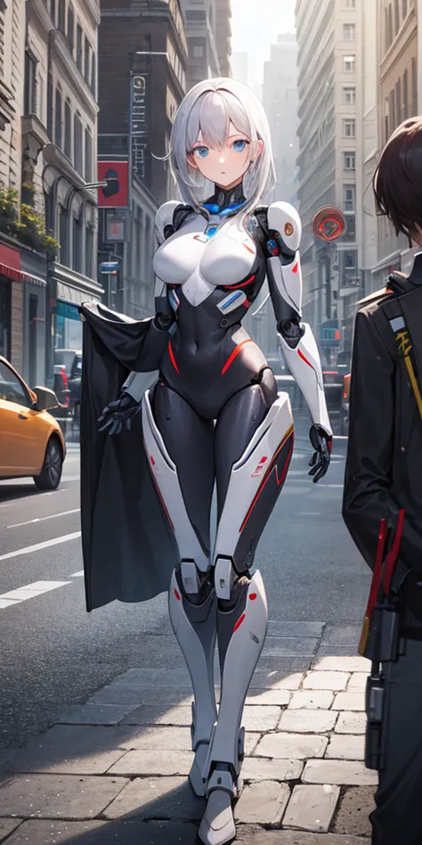 there is a woman in a robot suit posing next to an ancient building, beautiful white girl half cyborg, cute cyborg girl, beautif...