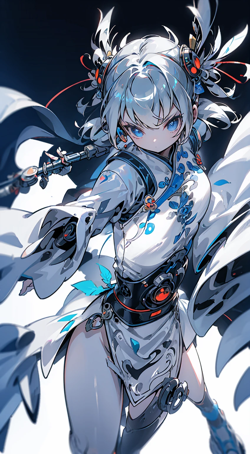 Cyberpunk style，bird girl，Bird Girl，Crane style，Crane element，black vs white，black vs white，White hair，White long hair，White clothes，harpy，wing，wing，Feather sleeves，wing袖子，wing衣服，wing服装，White cheongsam，Feather costume，feather folding fan，Feather fan handheld fan，feather folding fan，Kung Fu Girl Chinese Style，Fighting style，Cyberpunk style，Street background，赛博朋克Urban BackgroundStreet background，赛博朋克Street background，Urban Background，Standing posture，Fighting Stance，Fighting Stance，Boxing Stance，Boxing stance，Close-up above the waist，Ball head，White hair，White long hair，White hair