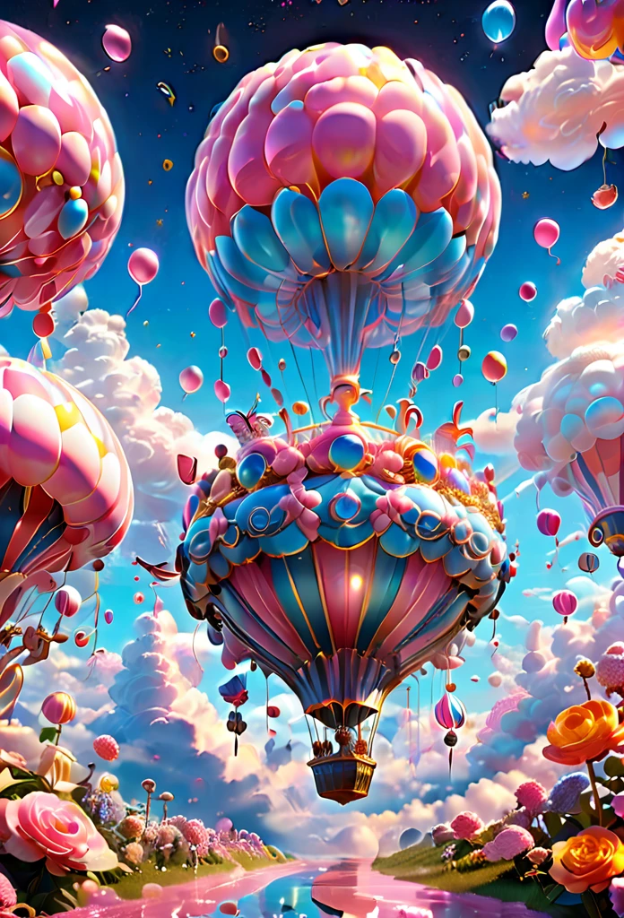 (Very unified cg scene design）,(character  design），( epic balloon ship floating in the clouds），pink and blue，starlights，rosette，butterflys，，like a dream，mystical lighting，4k detail，Dramatic light and shadow，like a dream，Beautiful lighting by Yoshitaka Amano at Studio Ghibli，3Drenderingof，c4d，Fantasyart，mirai，cartoony，