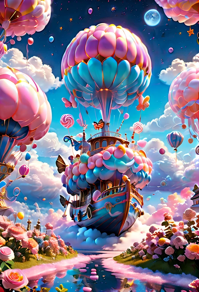 (Very unified cg scene design）,(character  design），( epic balloon ship floating in the clouds），pink and blue，starlights，rosette，butterflys，，like a dream，mystical lighting，4k detail，Dramatic light and shadow，like a dream，Beautiful lighting by Yoshitaka Amano at Studio Ghibli，3Drenderingof，c4d，Fantasyart，mirai，cartoony，